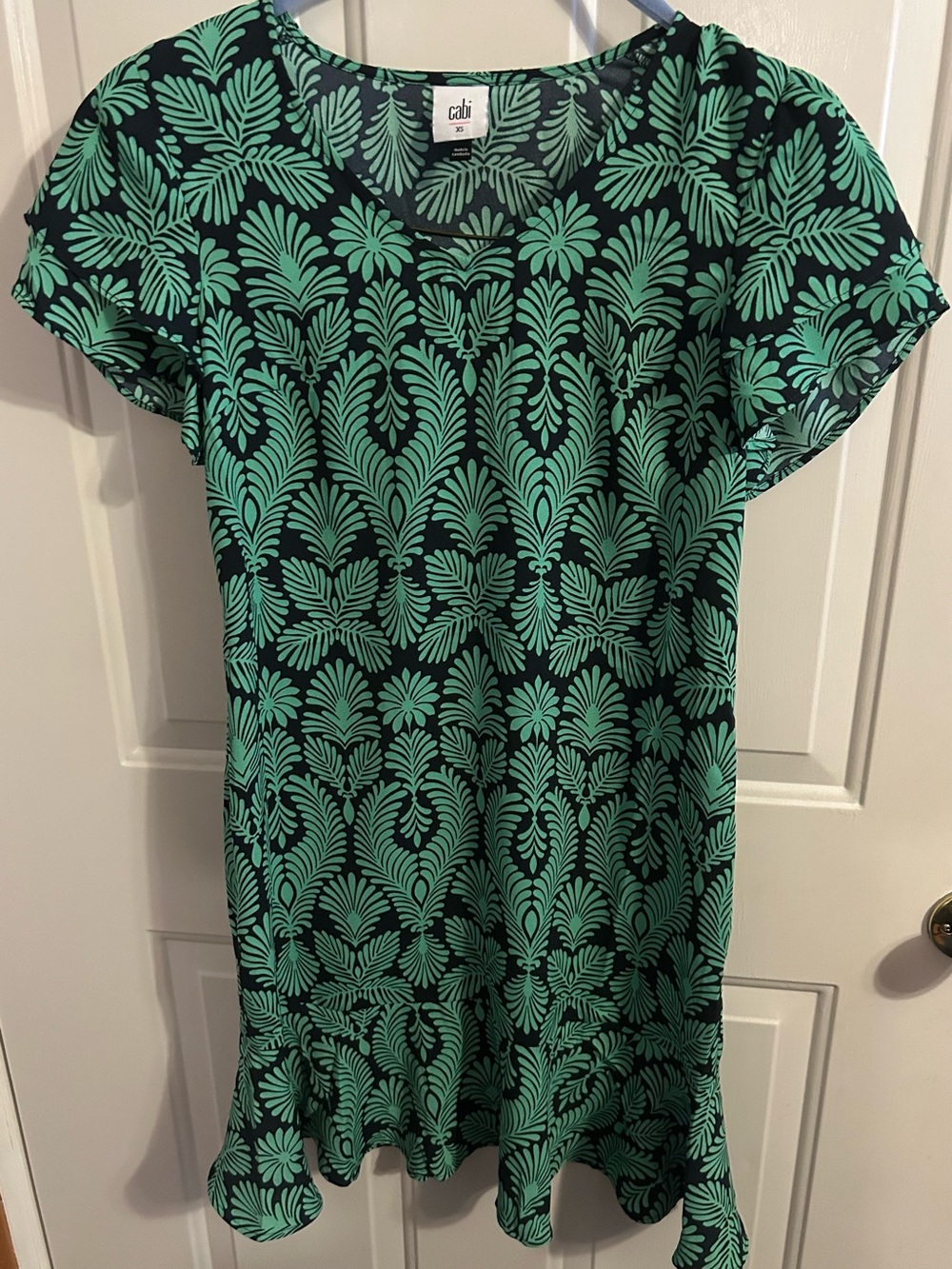 CAbi Black Dress with Green Leaf Print